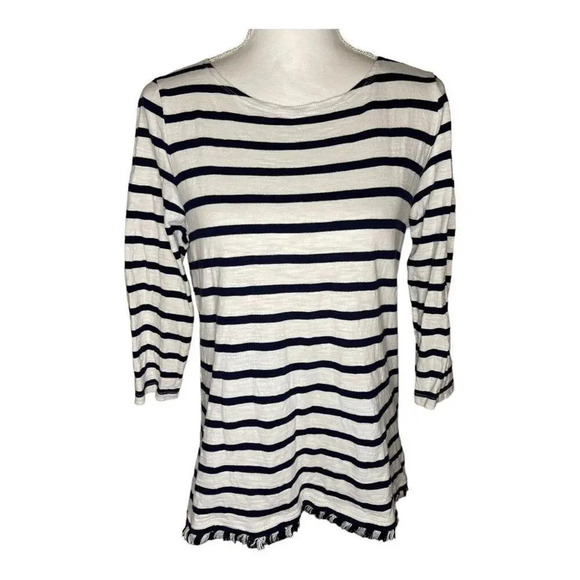 Talbots Women’s Medium Blue & White Striped 3/4 Sleeve Fringed Hem 100% Cotton T - Picture 1 of 4